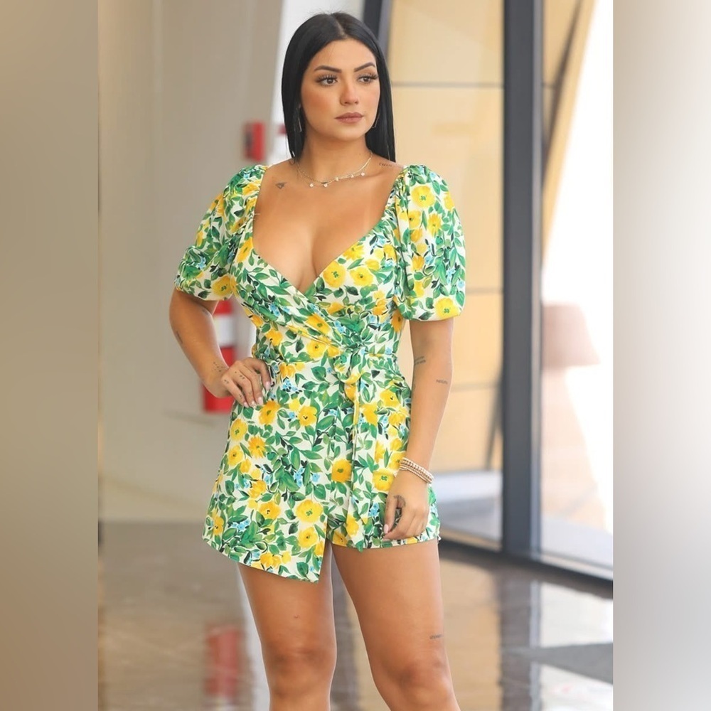 LUXXEL Women's Floral Puff Short Sleeve Floral Romper Yellow Size S Wrap Front